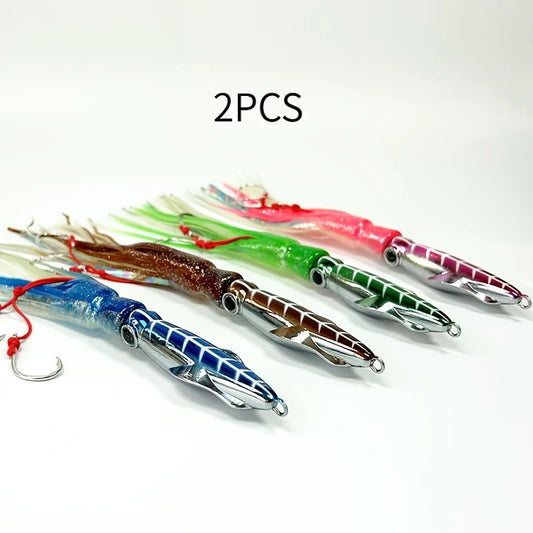 2‑pack Luminous Slow‑jig Squid‑Head Fishing Lures, 60G / 7.87‑inch Trolling Bait, Metal‑Head Squid‑Skirt Fishing Bait, Deep‑sea Boat‑fishing Luminous Bait, Suitable For Sea Bream, Sea Bass And Spanish Mackerel