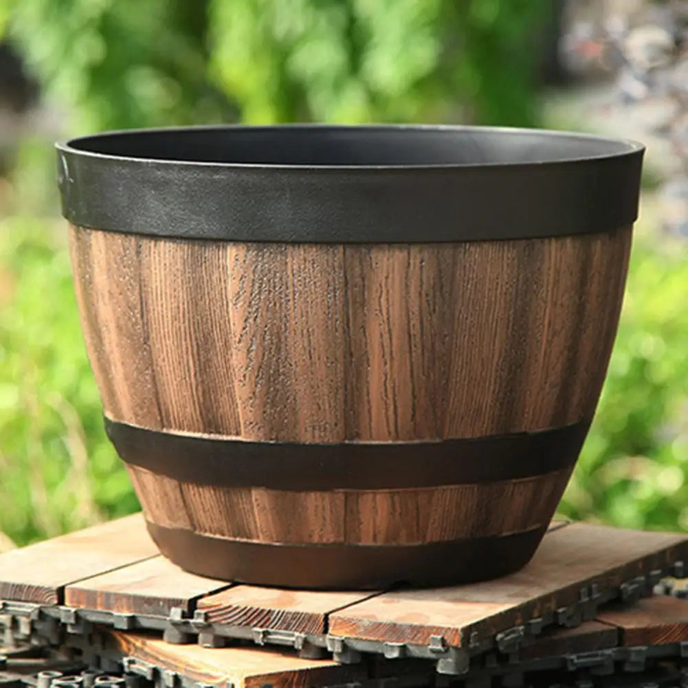 Rustic Farmhouse Whiskey Barrel Planter - Faux Wooden Plastic Flower Pot with Drainage Holes Home Garden Patio Yard Decor
