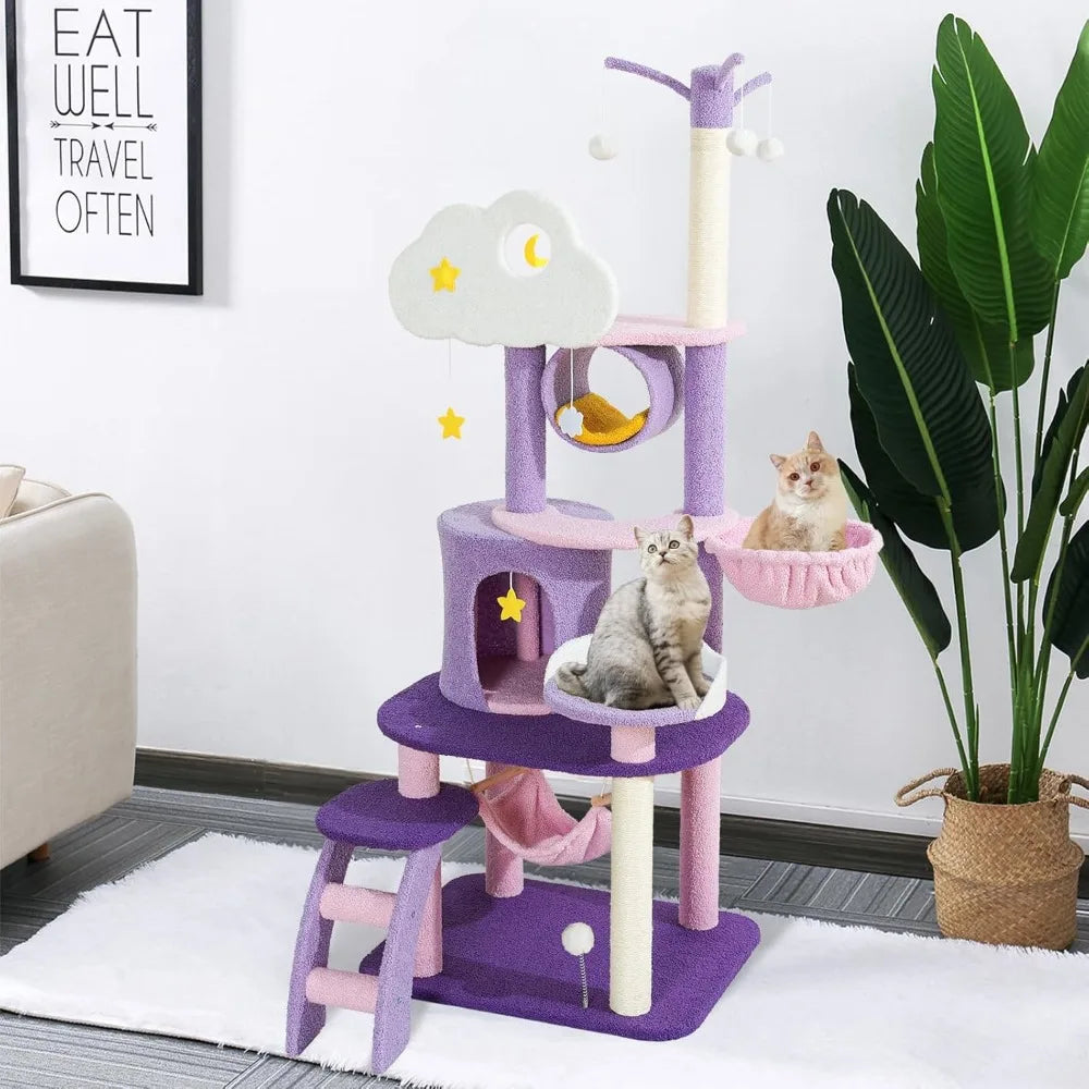 Cat Tree 65in Indoor Cat Tower Large Tall for Cats, Purple Pink Cloud Cat Tree with Scratching Post Hammock