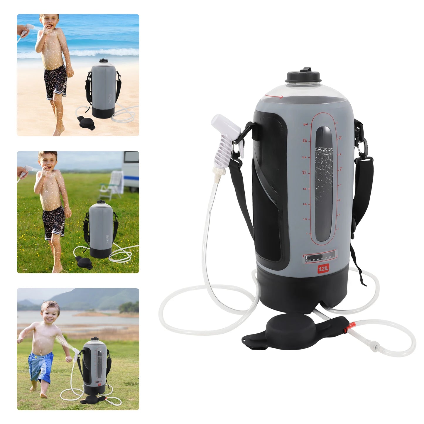 12L Portable Camp Shower, Hands-Free Pressure Camping Shower, Solar Heated Outdoor Shower Bag with Hose & On/Off Valve