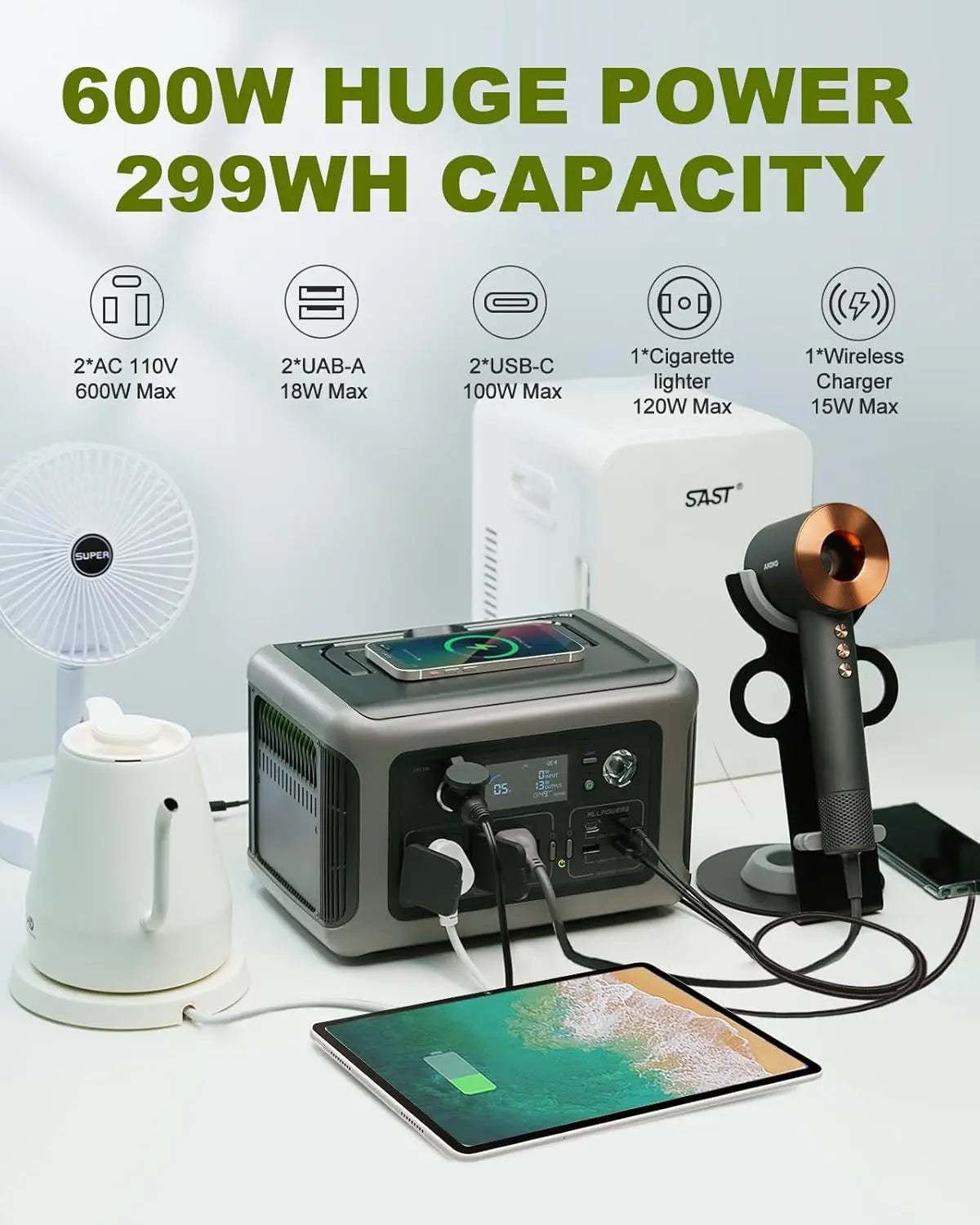 ALLPOWERS R600 Portable Powerstation with Solarpanel (Optional)，299Wh 600W LiFePO4 Battery for Home Backup Outdoors Camping RV