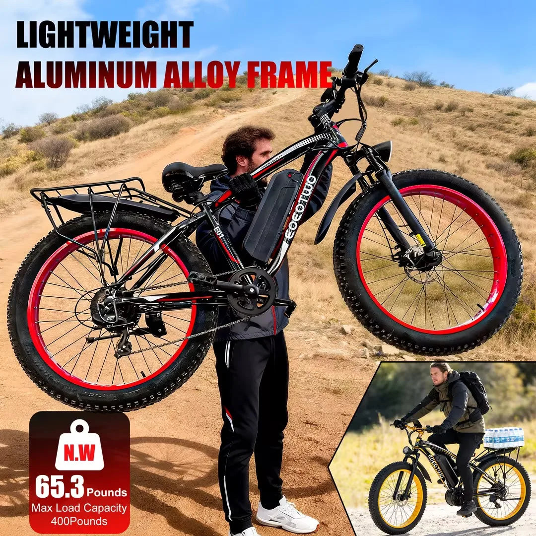Electric Bike for Adults 1500W Peak Motor 34MPH Fast Speed 48V 15Ah Battery 26" Fat Tire Mountain Ebike 390lbs Max Load Aluminum