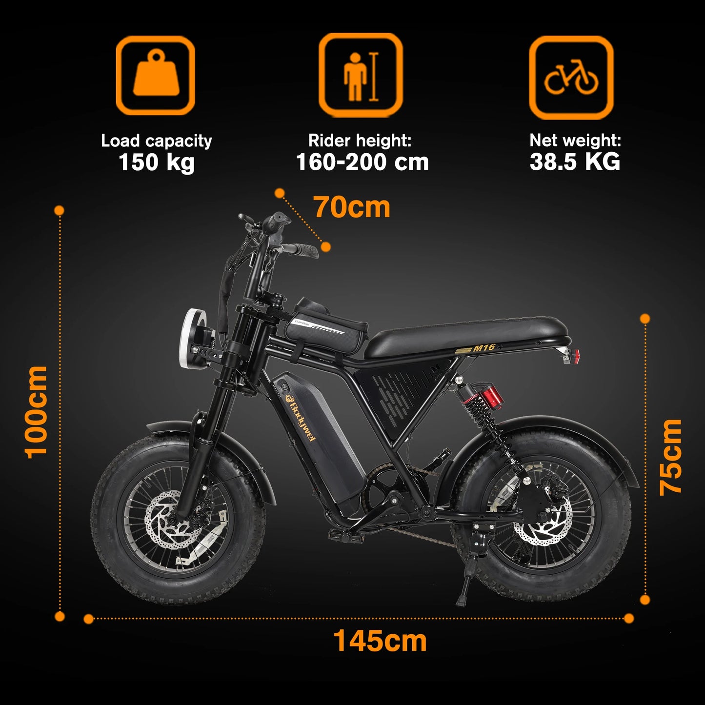 Bodywel M16PRO Off Road E Bike Adult Electric Bicycle 1500w 48V 15.6ah Mountain Electric Bike 16 Inch Fat Tire Outdoor Entertainmen