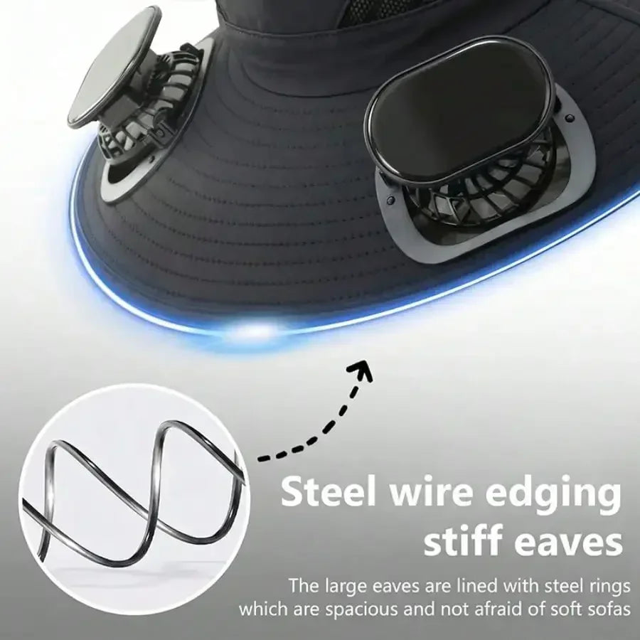 Solar Fan Cap, UV Resistant Outdoor Wide Brimmed Fisherman's Cap, With 180 ° Adjustable Fan, UPF50, USB And Solar Power Supply,