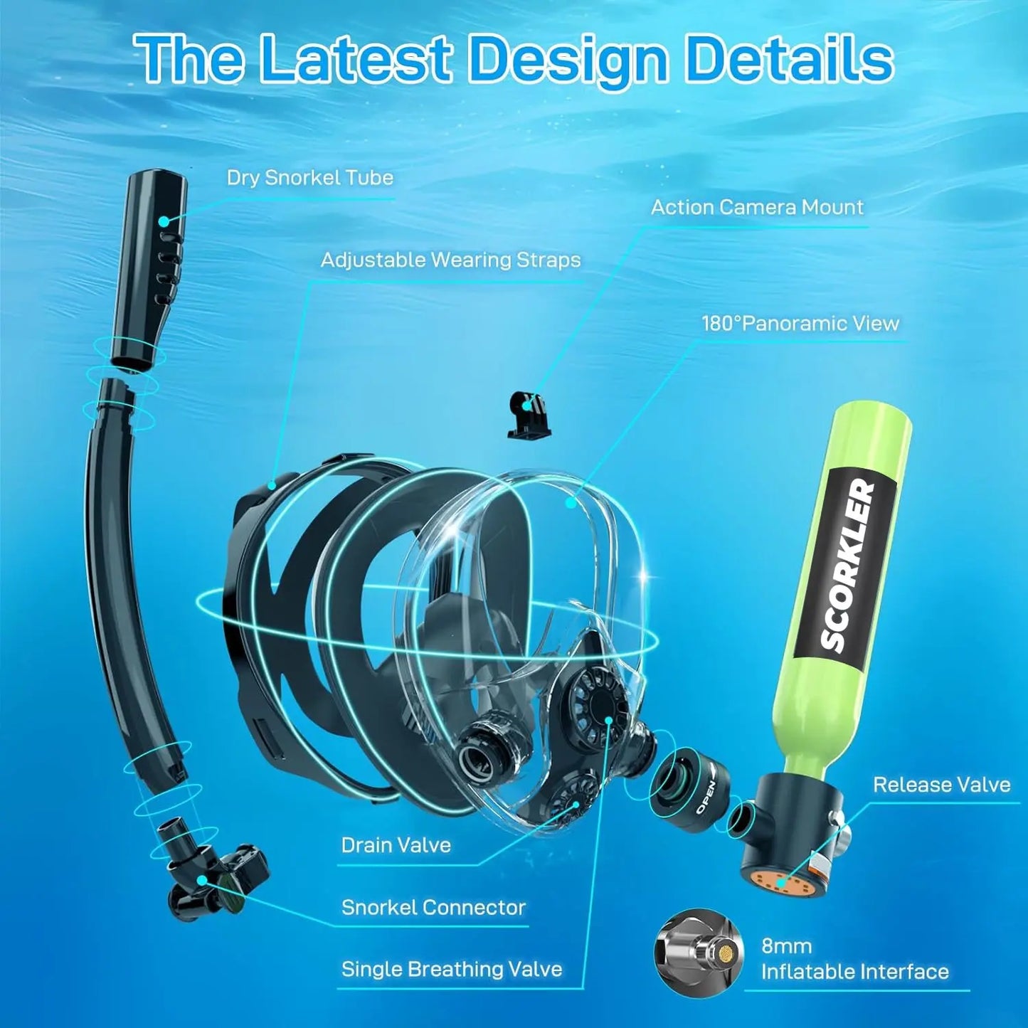 SCORKLER 0.5L Mini Scuba Diving Tank with Snorkeling Full Face Mask And Hand Pump Diving Cylinder Dive Equipment for Adults