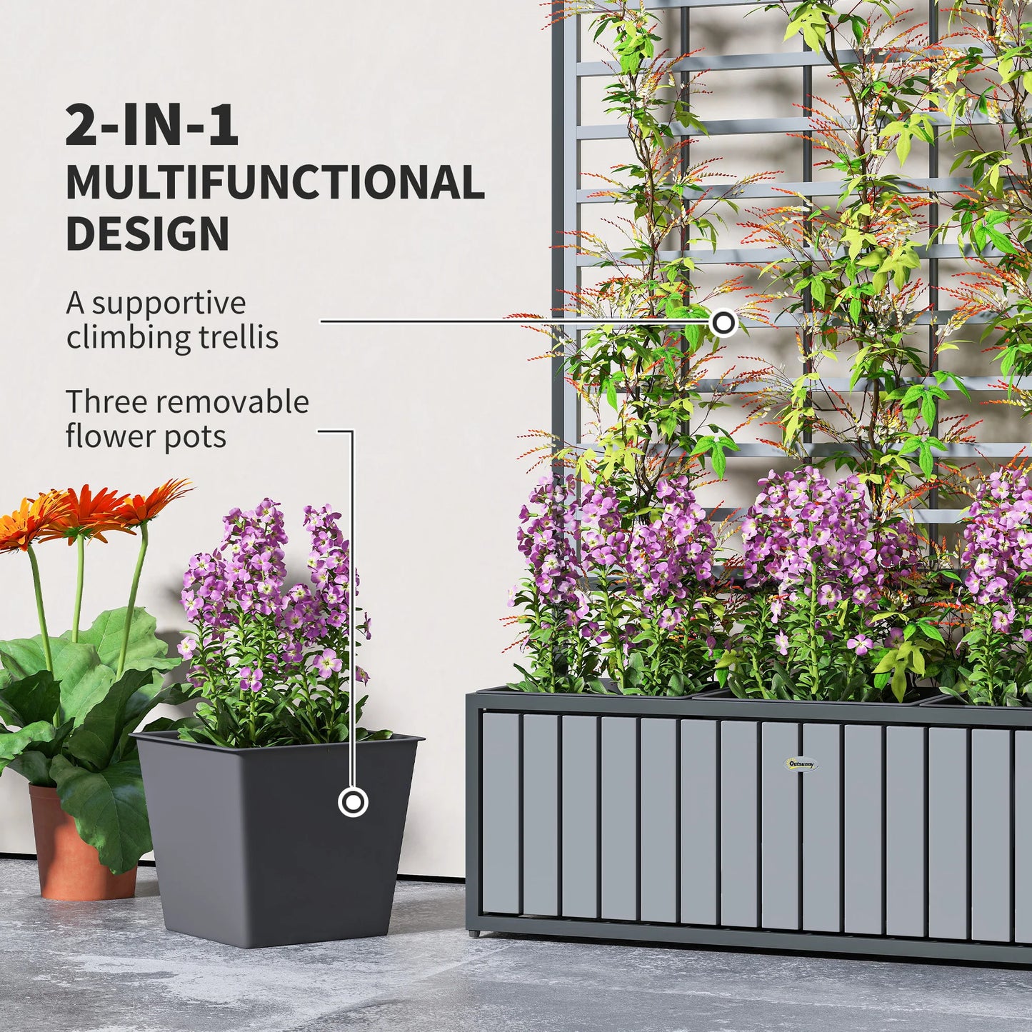 Raised Garden Bed, Planter Box with Trellis, Removable Pots, Gray