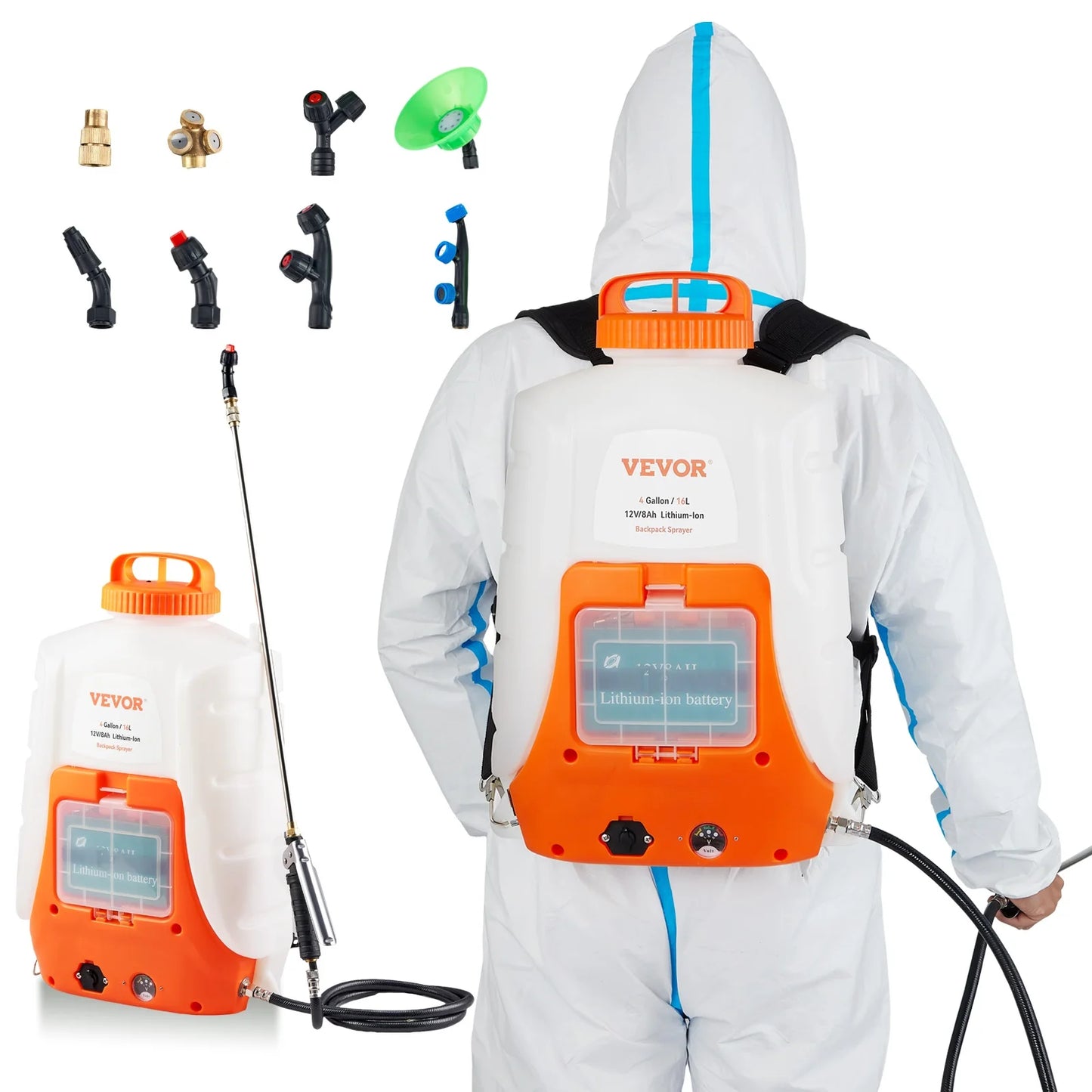 SucceBuy Battery Powered Backpack Sprayer Adjustable Pressure 4 Gallon Tank with 8/ 6 Nozzles 2 Wands for Weeding Spraying Cleaning