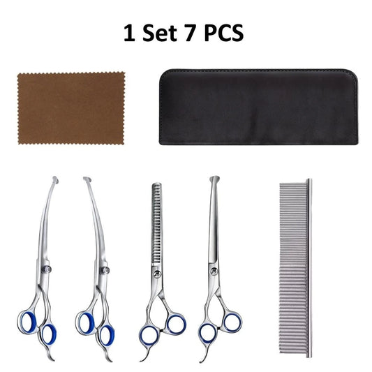 Titanium Coated Professional 7 in 1 Stainless Steel Dog Grooming Scissors with Safety Round Tip, Pet Grooming Scissor for Dog