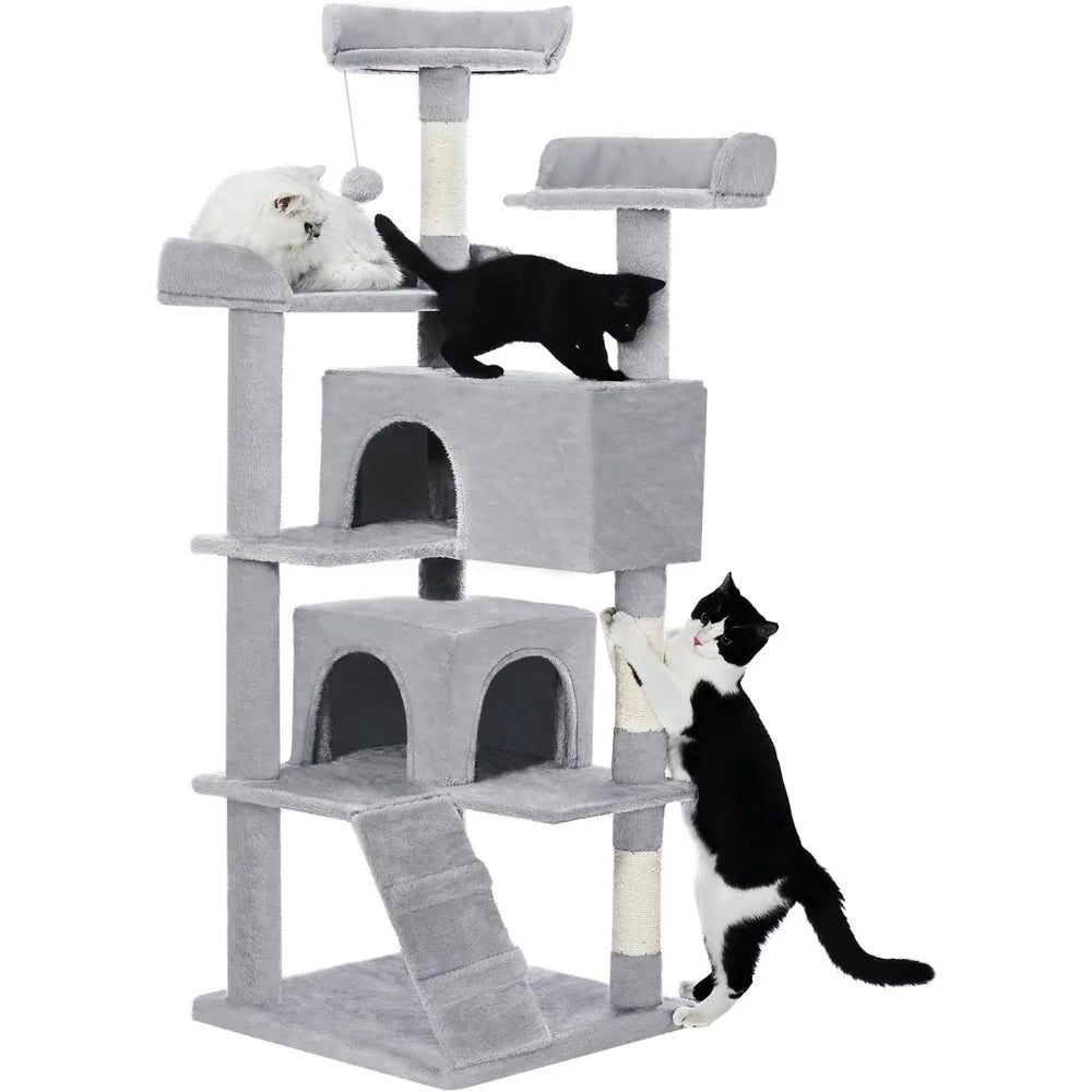 54 Inch Multi Level Cat Tree with Condos Scratching Posts Toys Indoor Activity Tower Light Grey