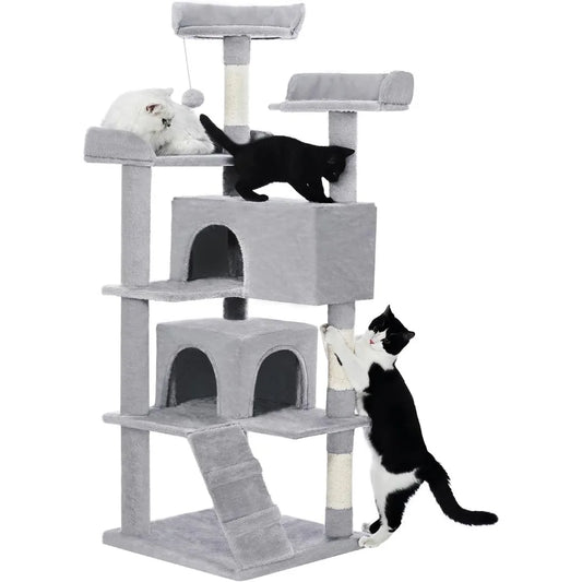 54 Inch Multi Level Cat Tree with Condos Scratching Posts Toys Indoor Activity Tower Light Grey