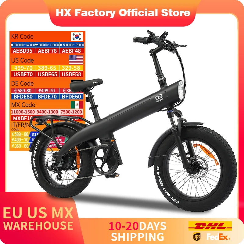 HX Q3 E Bike Electric Bike 48V 20AH Adult E Bike 20Inch Tire Off-Road Fatbike City Electric Bicycle Mountain E Bikes