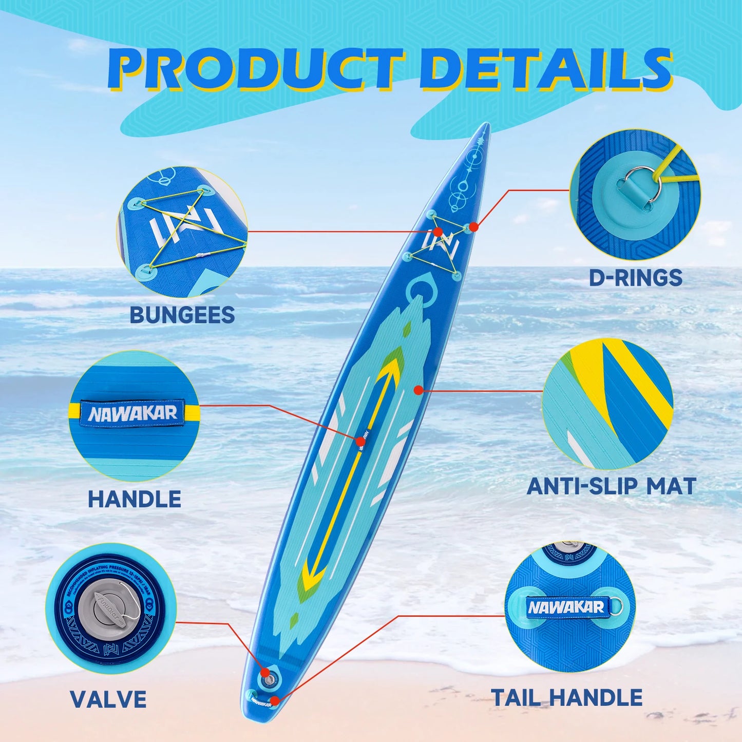 NAWAKAR NW02A 14FT 26" Inflatable Stand Up Paddle Board Double-Chamber Racing ISUP Premium Complete Set 180KG Capacity Adult SUP