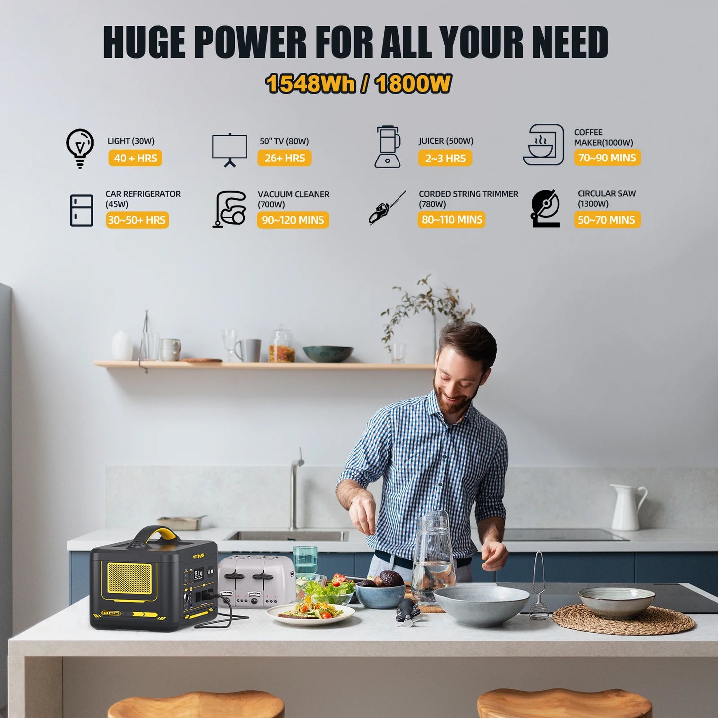 VTOMAN JUMP 1800 Power Station 1548Wh LiFePO4 Battery 1800W Emergency Power Supply for Outdoor Camping Home Energy Power