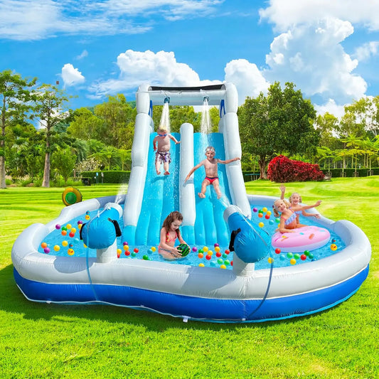 Blue White Inflatable Water Slide With Dual Slides Large Splash Pool Backyard Water Park With Water Cannons Arched Sprinkler