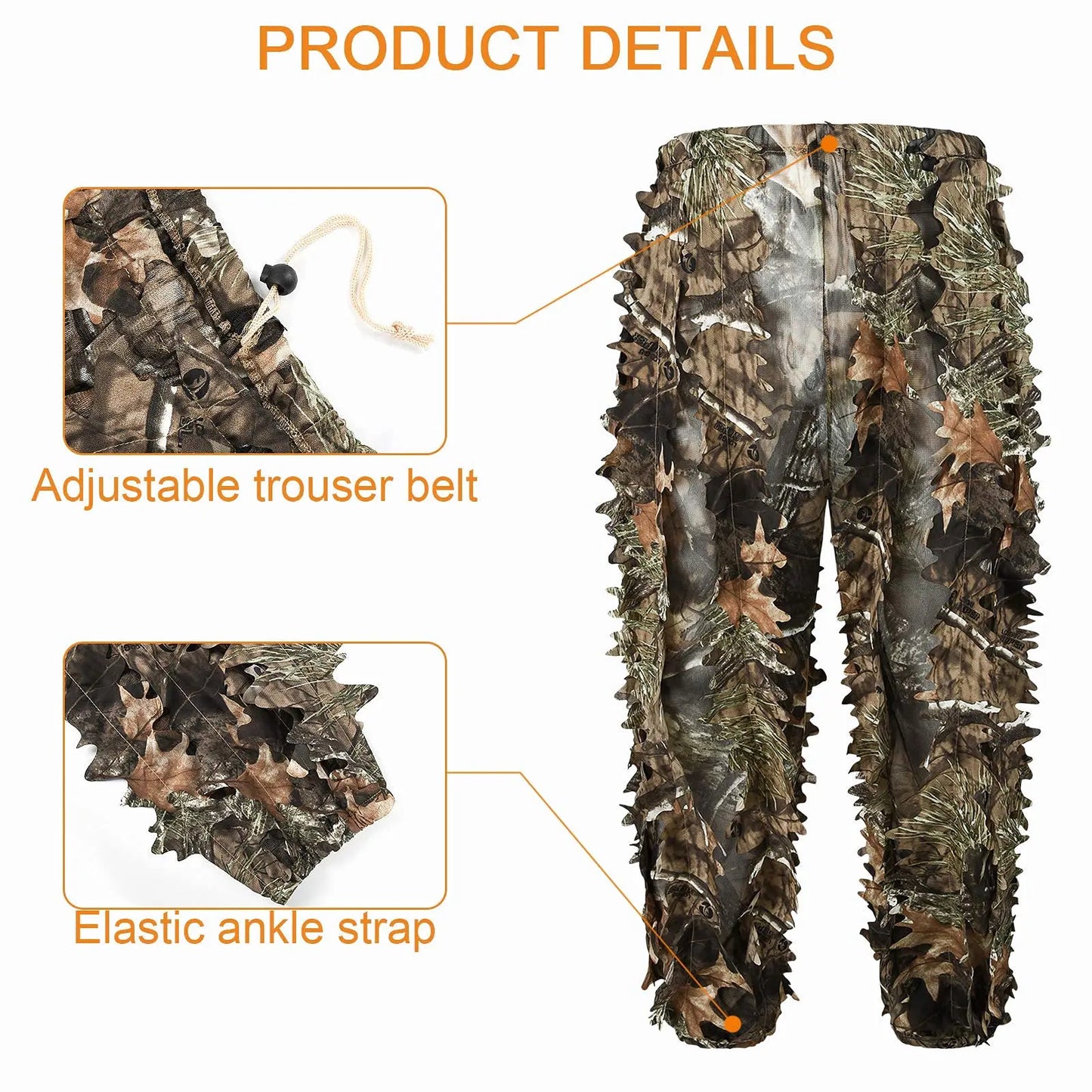 3D Bionic Leafy Ghillie Suit Camouflage Clothing Hunting Sniper Tactical Gear Breathable Mesh Jungle Woodland Stealth Apparel Elastic Waist Free Size For Outdoor Shooting Airsoft Paintball Wildlife Photography Men Gift