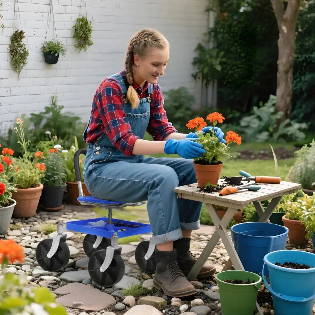 360 Degree Swivel Gardening Stool with Tool Tray Gardening Rolling Seat Height Adjustable Rolling Garden Cart Rolling Work Seat