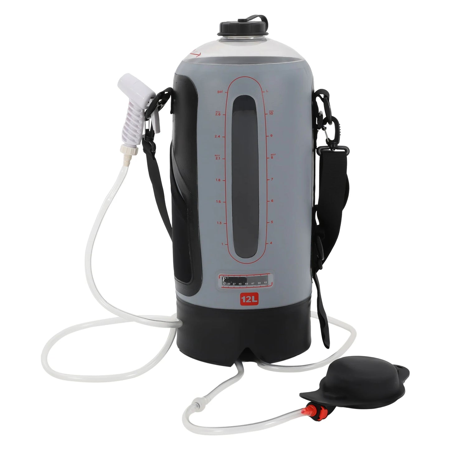 12L Portable Camp Shower, Hands-Free Pressure Camping Shower, Solar Heated Outdoor Shower Bag with Hose & On/Off Valve