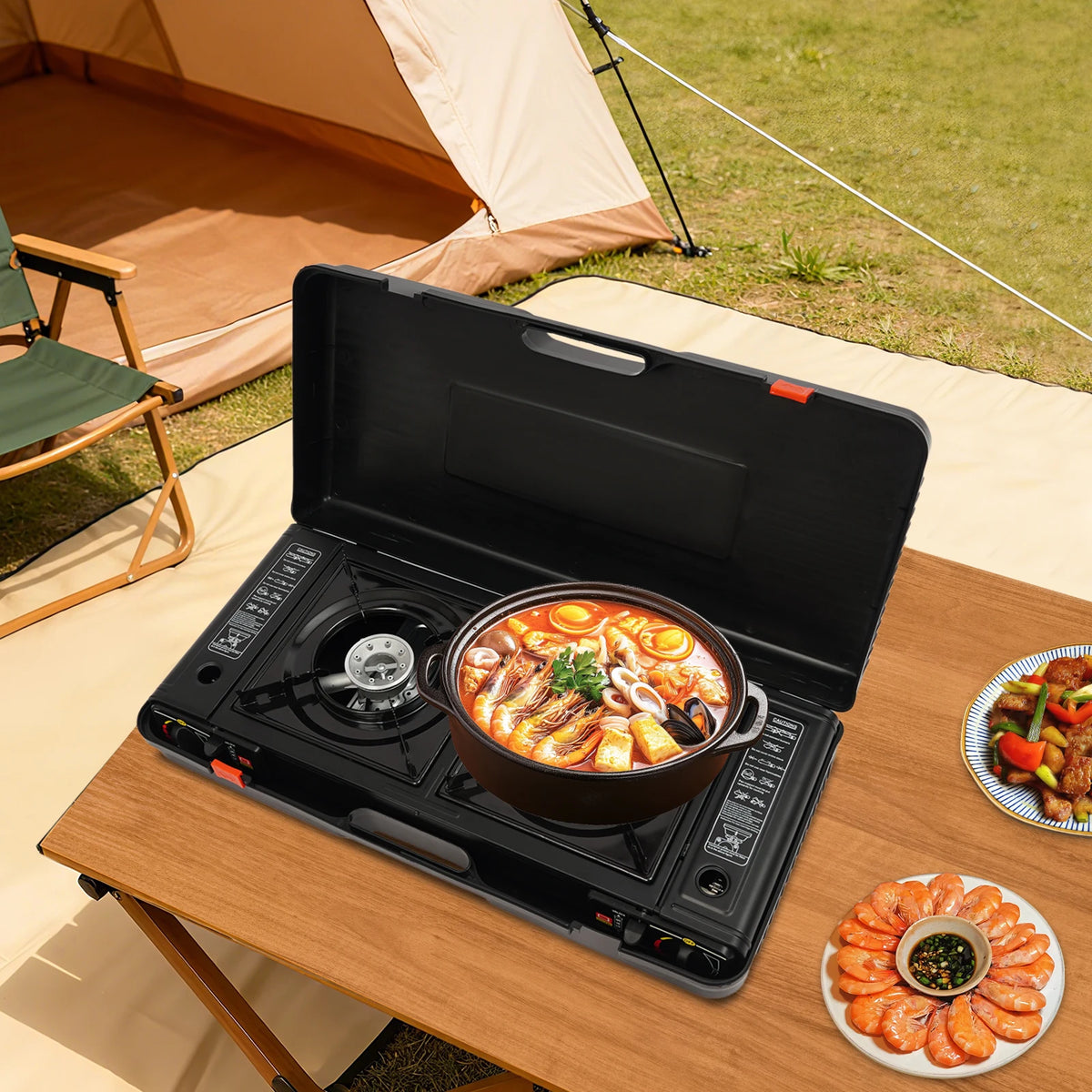 Portable Double Burner Gas Camping Stove With Piezo Ignition Case