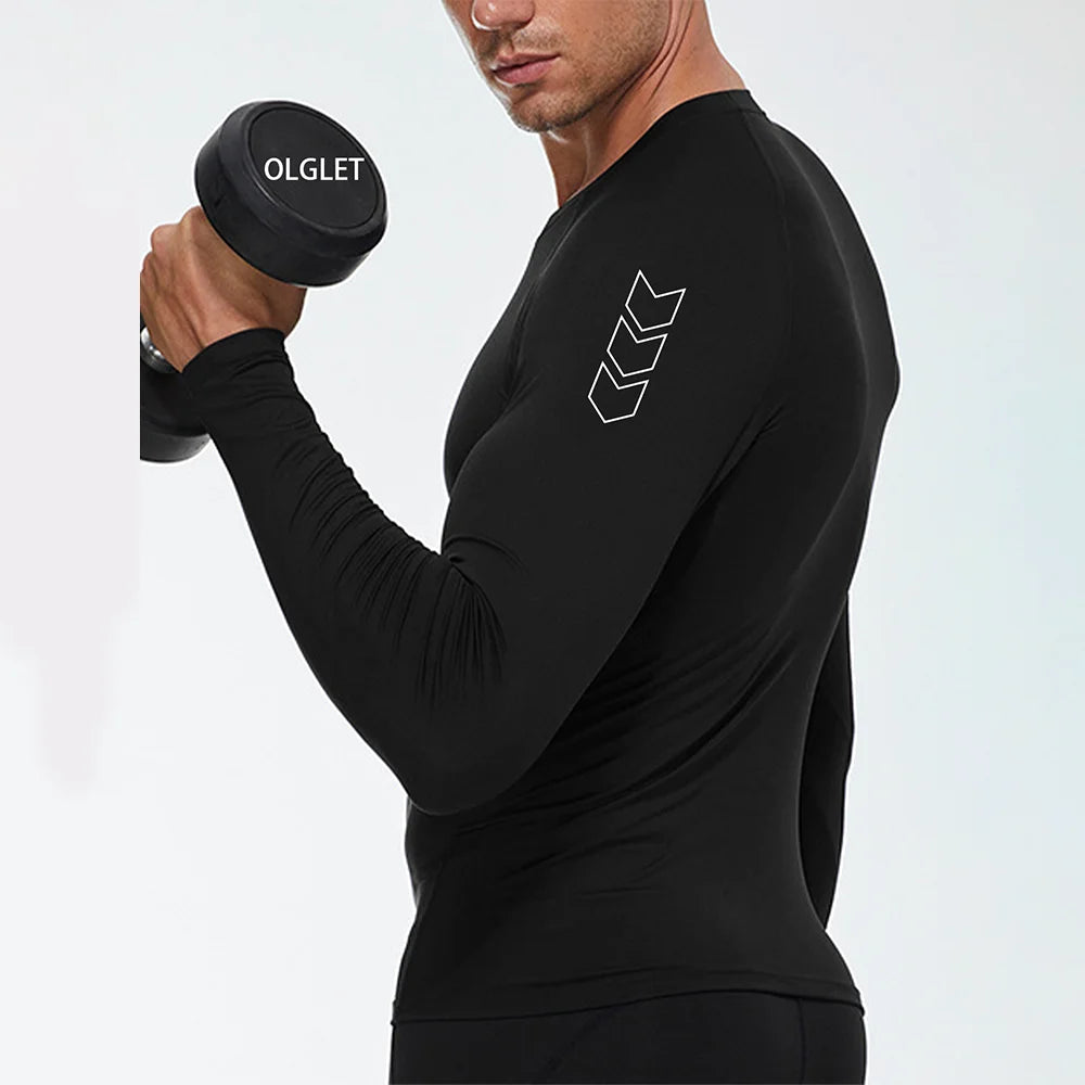 Men Black Long Sleeve Compression Shirt Quick Dry UV Protection Fitness Running Sport Baselayer Top