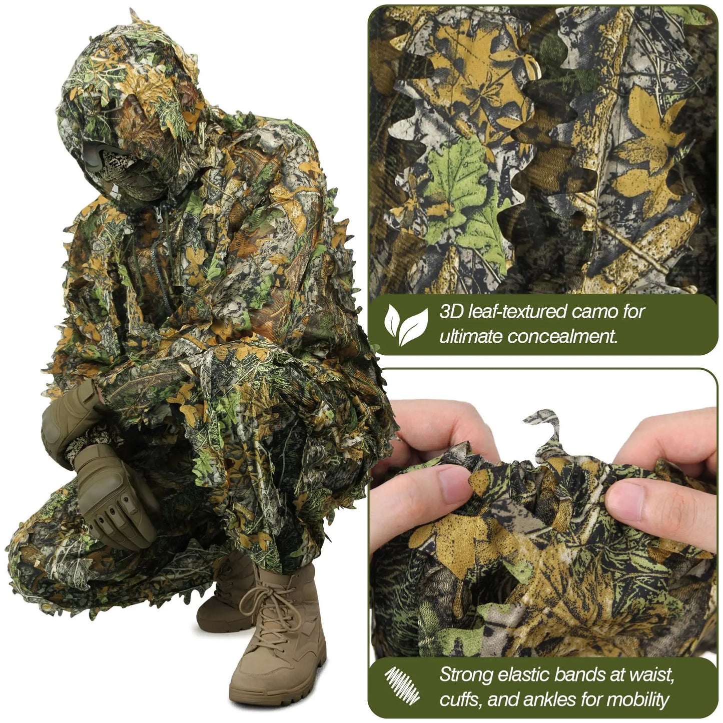 3D Bionic Leafy Ghillie Suit Breathable Camouflage Clothing Outdoor Tactical Sniper Hunting Clothes Lightweight Jungle Woodland Camo Apparel for Men Women Airsoft Paintball Wildlife Photography