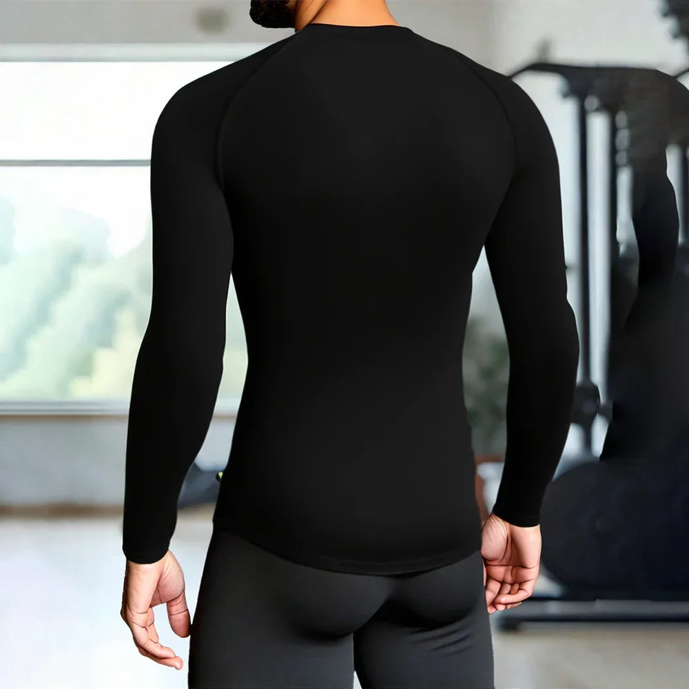 Men Black Long Sleeve Compression Shirt Quick Dry UV Protection Fitness Running Sport Baselayer Top