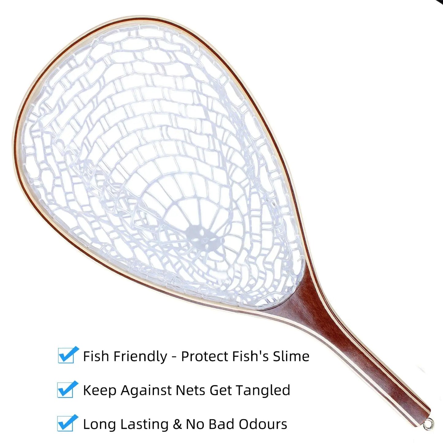 Wooden Frame Fly Fishing Landing Net with Soft Knotless Rubber Mesh, Fish Friendly Catch and Release Net for Trout Bass, Lightweight Wading Tool with Magnetic Release for Angler Gift