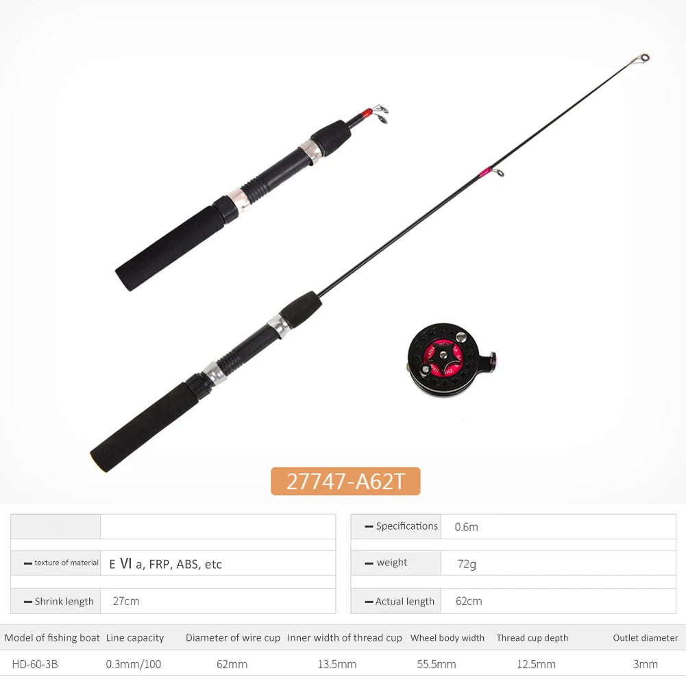 Ice Winter Fishing Rod with Reel Combo 62cm Ultralight Mini Telescopic Ice Fishing Rods Outdoor Feeder Fishing Pole Wheel Set