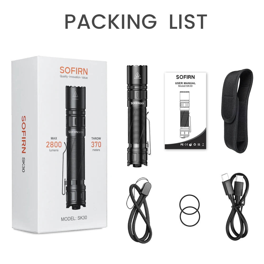 SOFIRN SK30 3000 High Lumen 6000K Flashlight USB C 21700 Rechargeable Pocket Torch with Dual Tail Switches