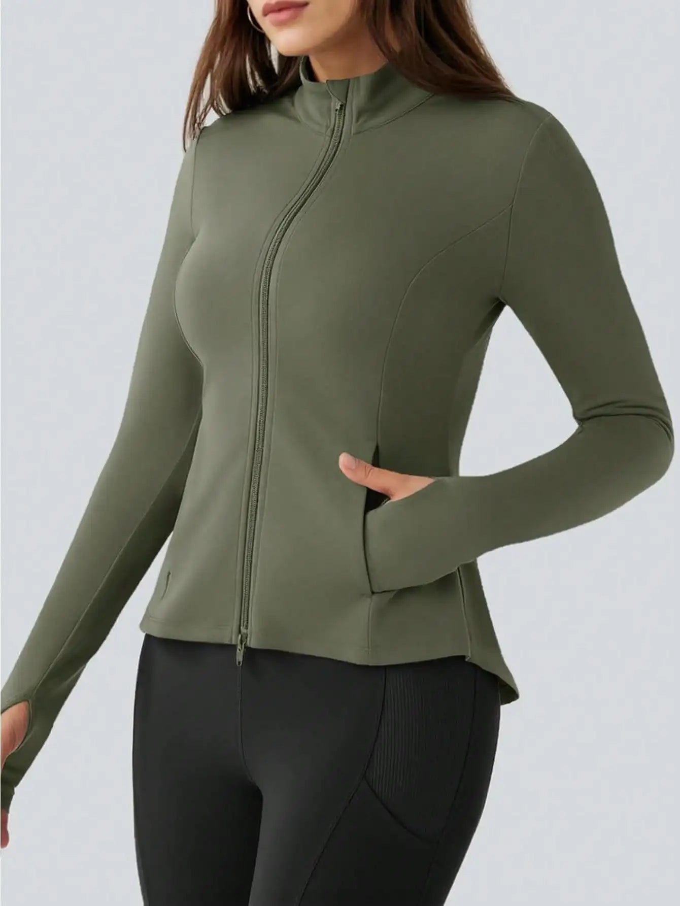 Fisoew Pleated Athletic Jacket, Women's Slim Fit Zip-Up Workout Top With Stand Collar & Thumb Holes, Athleisure Wear