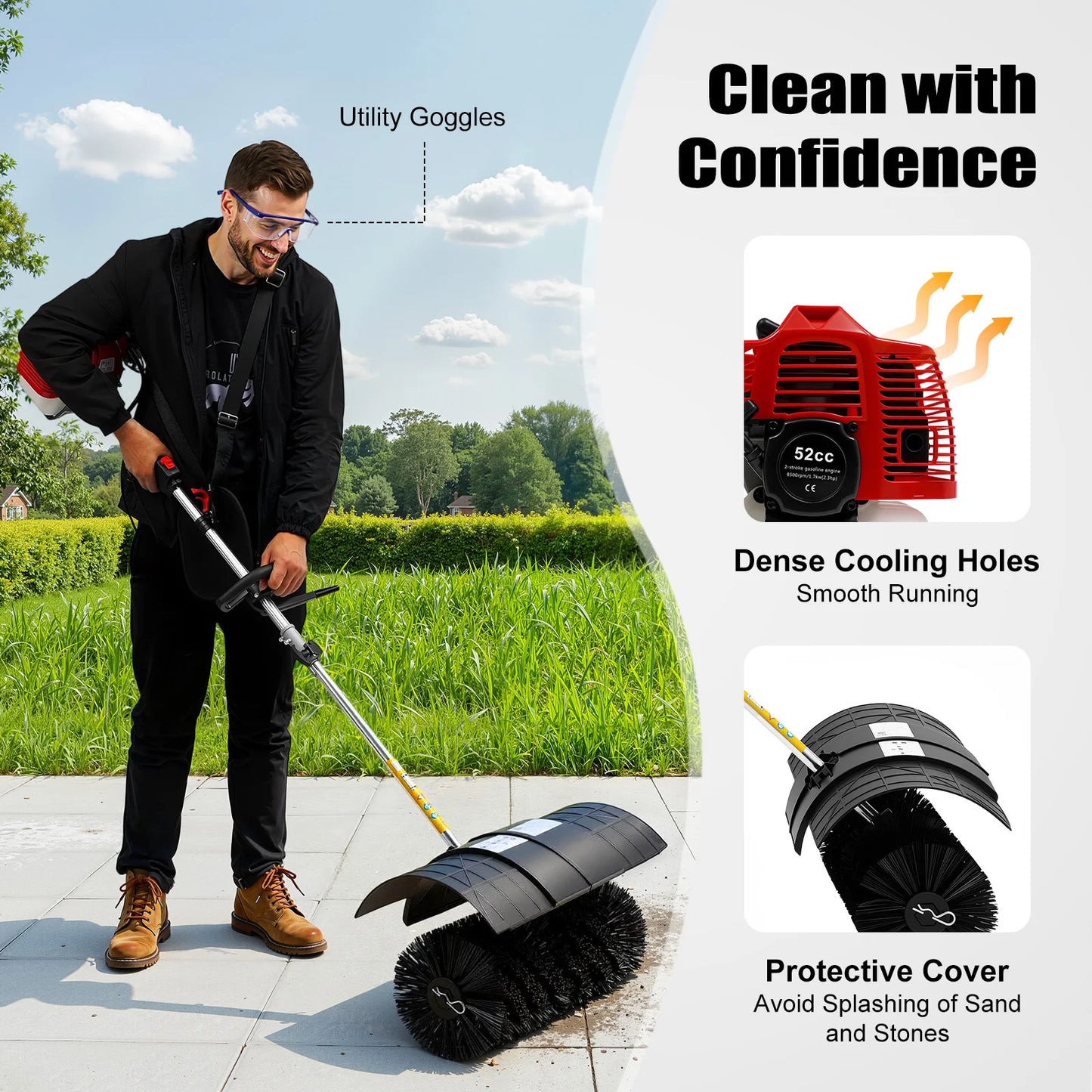 2.3HP 52CC Gas Powered Walk Behind Sweeper Multi Surface Brush Cleaner for Driveway Lawn Artificial Grass Garage Snow Removal