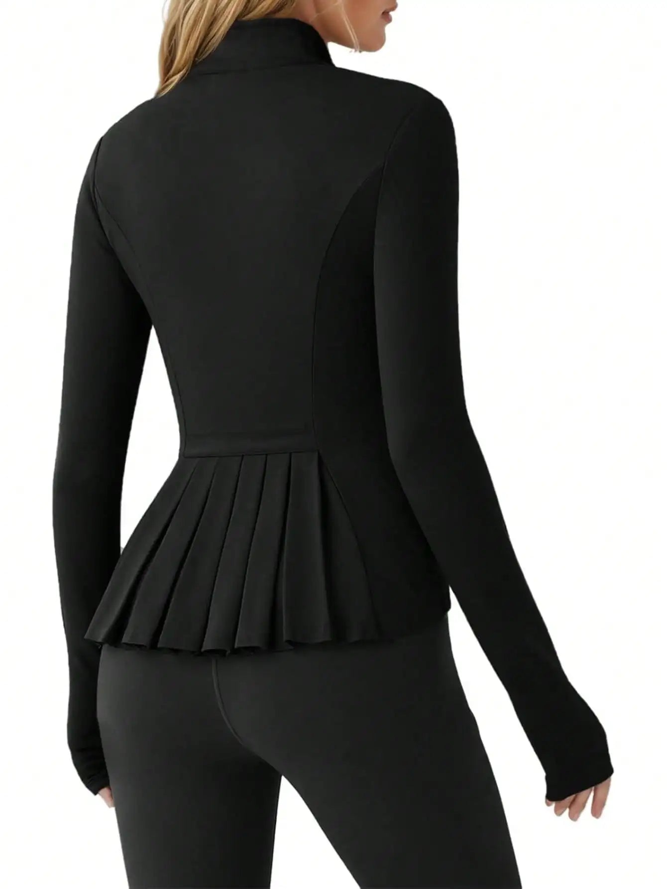 Fisoew Pleated Athletic Jacket, Women's Slim Fit Zip-Up Workout Top With Stand Collar & Thumb Holes, Athleisure Wear