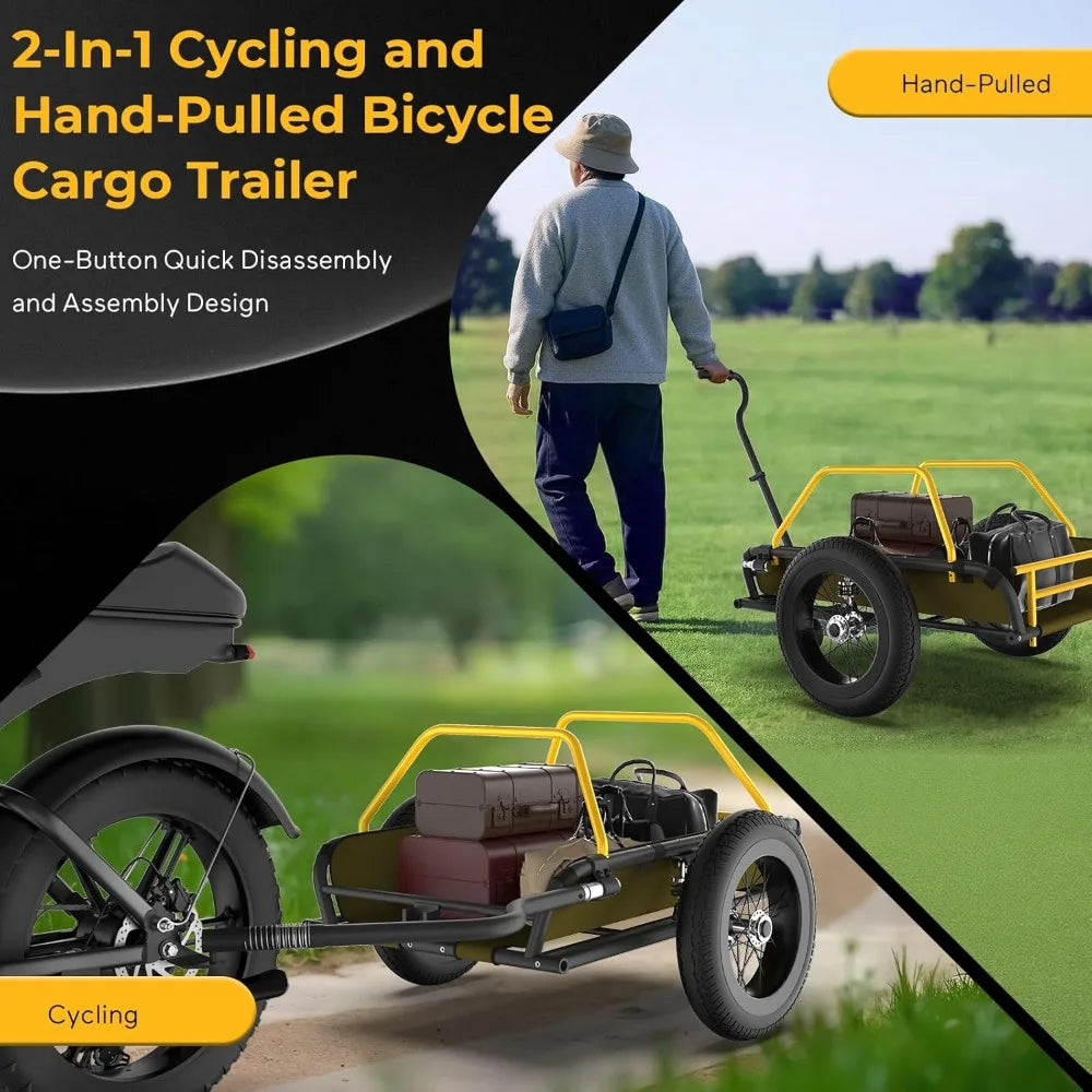 2 in 1 Bike Cargo Trailer Wagon Cart, 150 lbs, 16"x3" Fat Tire, 360° Swivel Caster, Double Suspension