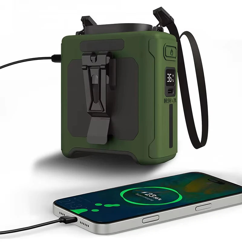 10000mAh Waist Fan Portable Handheld Hanging Neck Fan Ultra-Strong Wind with Phone Charging LED Light For Outdoor Camping Travel