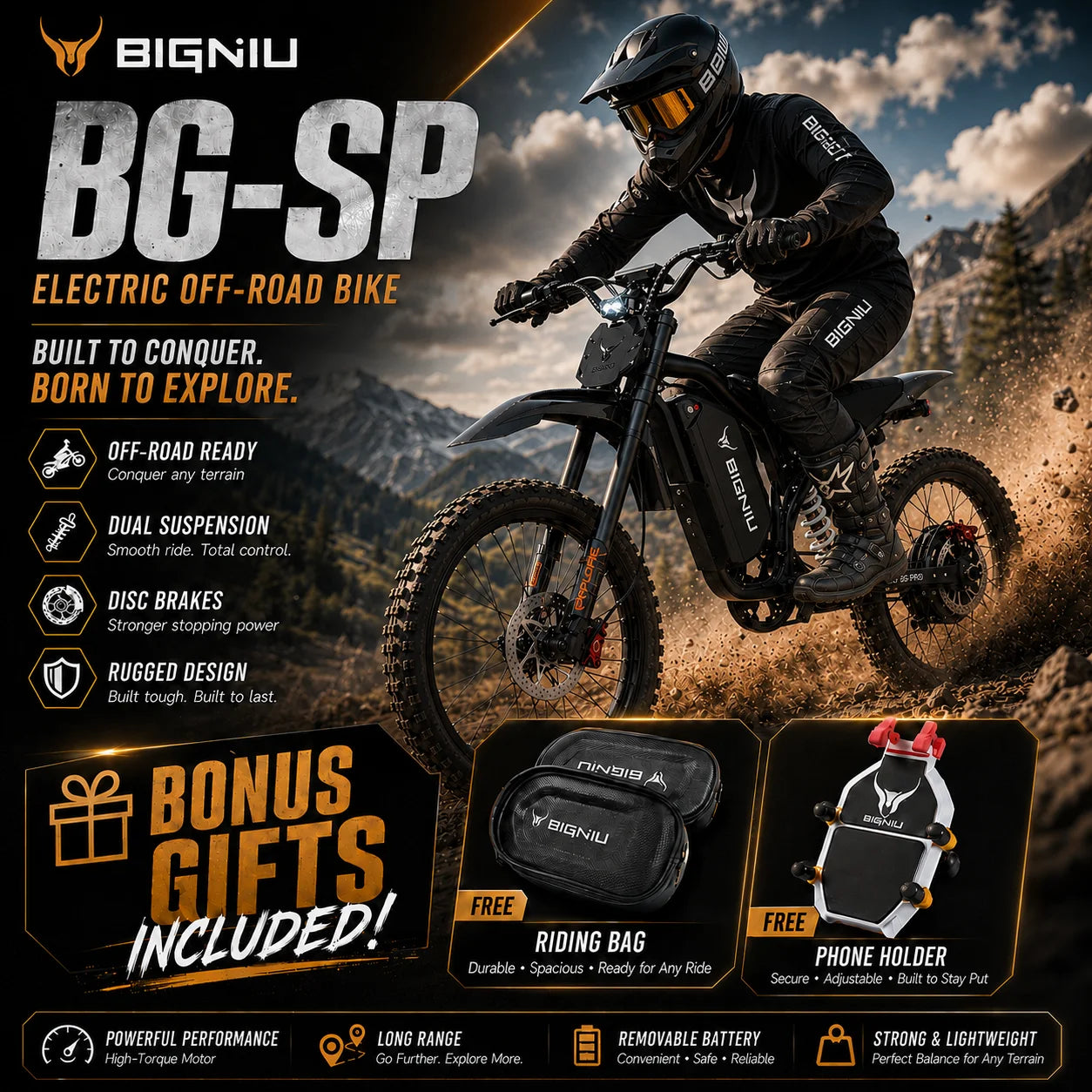 BIGNIU BG-S Pro 3000W Electric Bike for Adults, 40+MPH Fat Tire E-Bike with Full Suspension & Hydraulic Brakes
