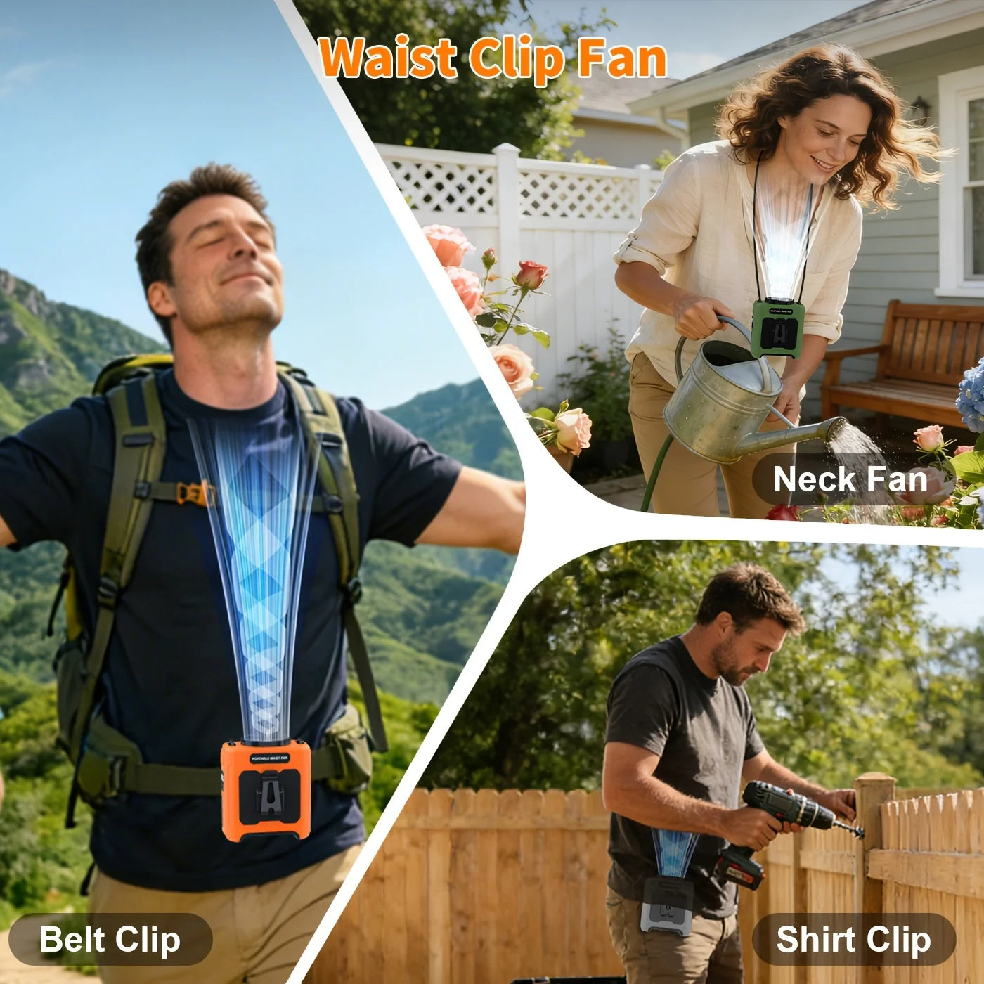 10000mAh Waist Fan Portable Handheld Hanging Neck Fan Ultra-Strong Wind with Phone Charging LED Light For Outdoor Camping Travel