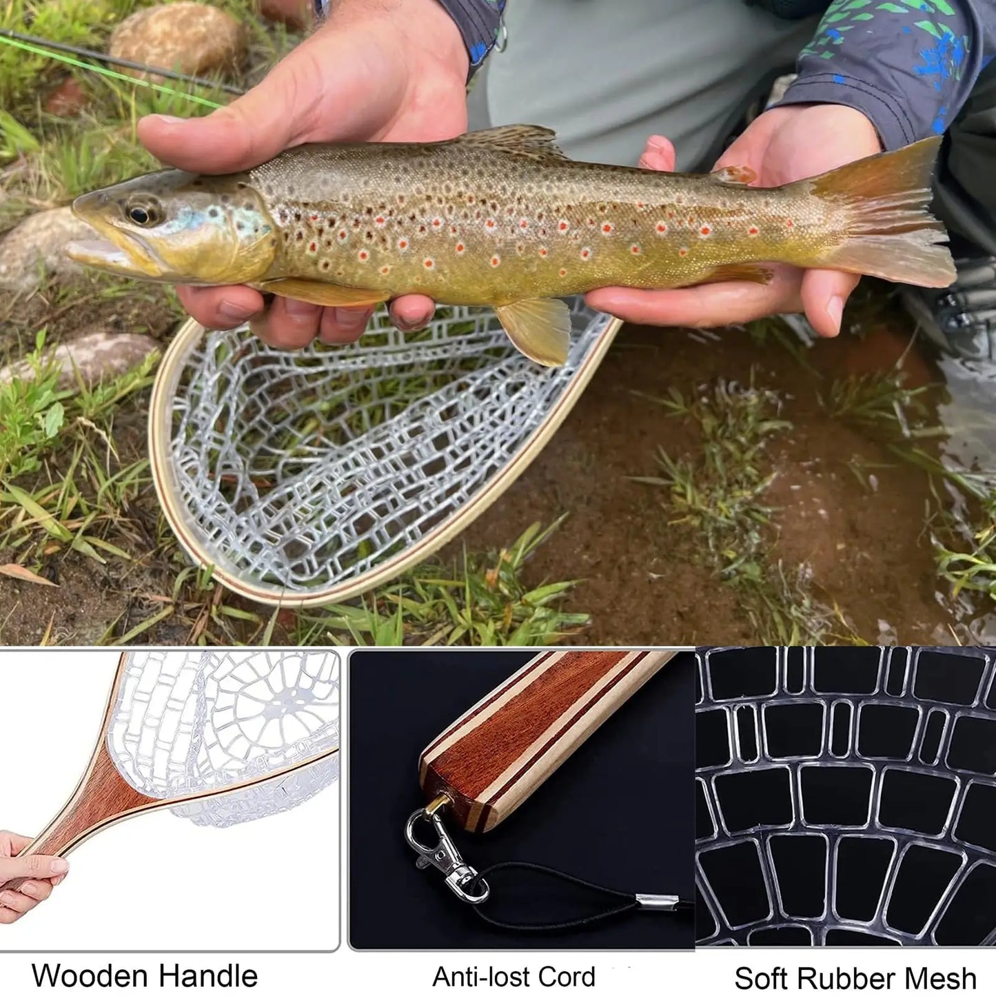 Wooden Frame Fly Fishing Landing Net with Soft Knotless Rubber Mesh, Fish Friendly Catch and Release Net for Trout Bass, Lightweight Wading Tool with Magnetic Release for Angler Gift