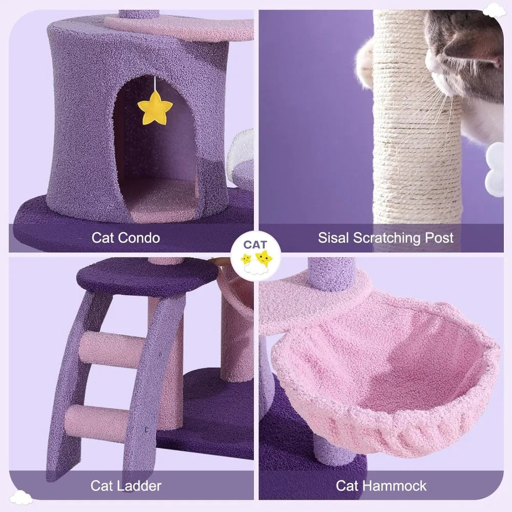 Cat Tree 65in Indoor Cat Tower Large Tall for Cats, Purple Pink Cloud Cat Tree with Scratching Post Hammock