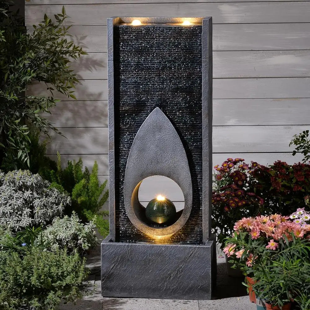 Indoor/Outdoor 46.5 Tall Sphere Fountain with LED Lights for Home and Garden Decor