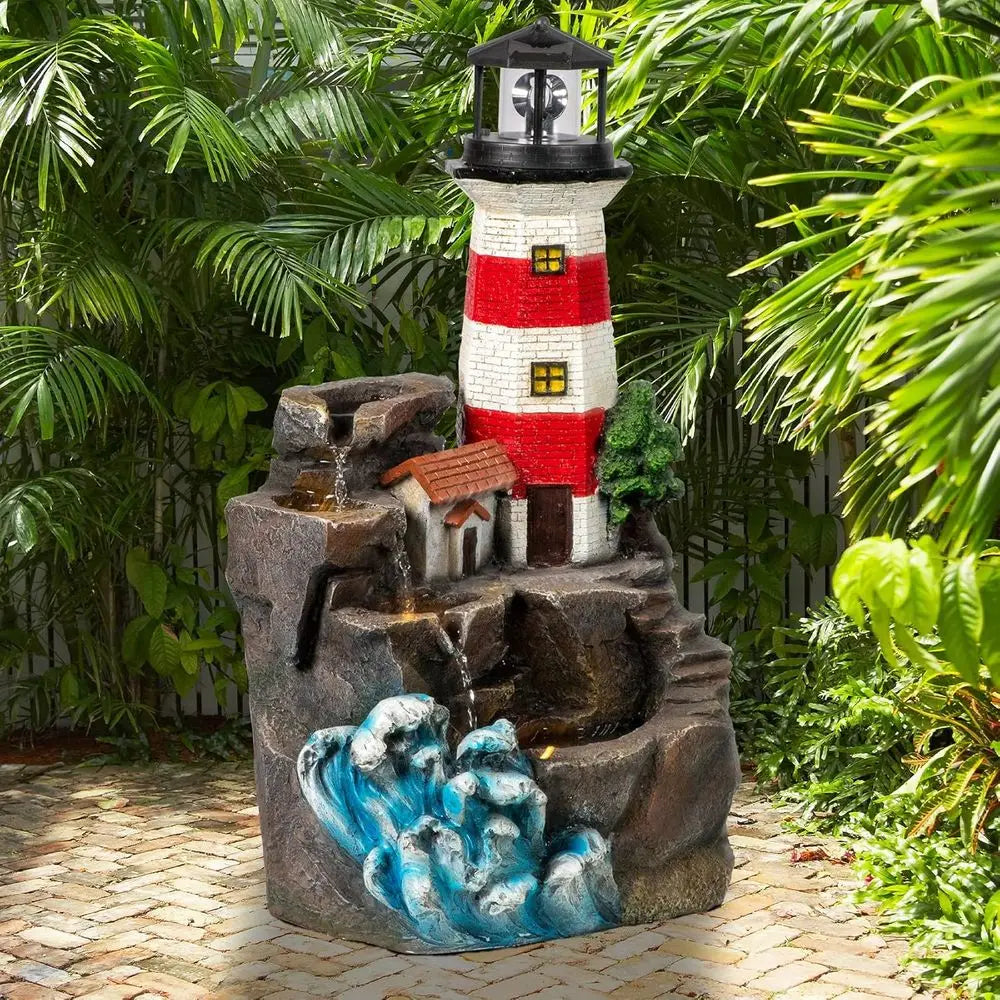 Stylish Red & White Outdoor Waterfall Fountain, 23 Tall, Perfect for Garden and Deck Relaxation