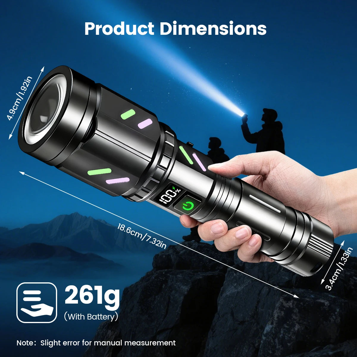 Rechargeable IPX6 Waterproof Flashlight, Zoom White LED Torch CE UKCA FCC Certified for Hunting Outdoor, DE/UK/US Warehouse
