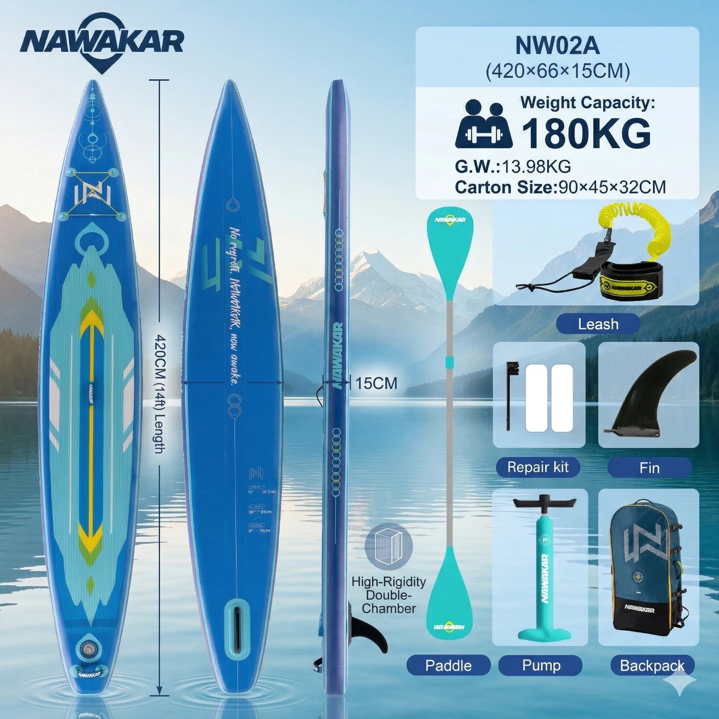 NAWAKAR NW02A 14FT 26" Inflatable Stand Up Paddle Board Double-Chamber Racing ISUP Premium Complete Set 180KG Capacity Adult SUP