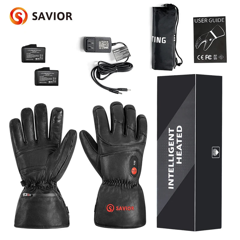 Savior Heat Winter Outdoor Sports Genuine Leather Sheepskin Electric Heating Gloves Motorcycle Gloves Hiking Gloves Waterproof