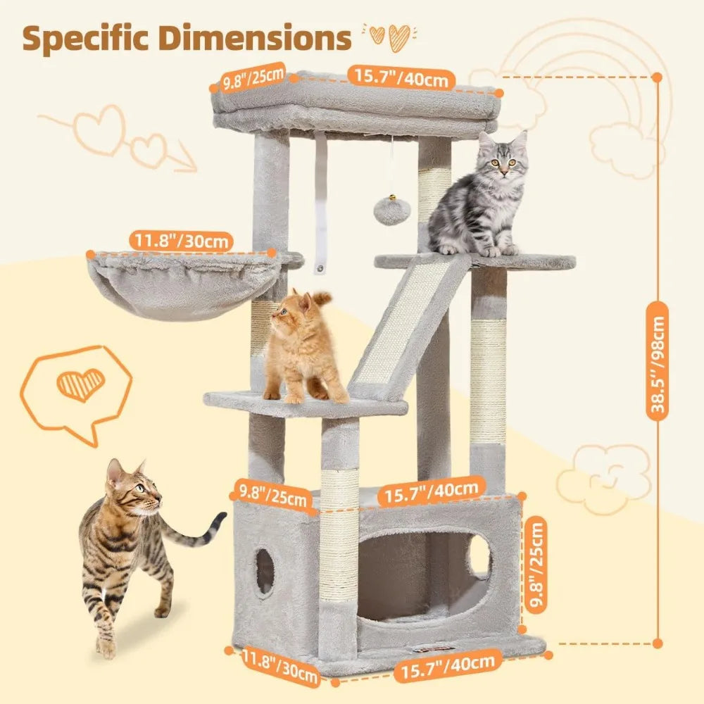 Tall 38 Inch Cat Tree with Condo Adjustable Basket and Plush Perch Tower for Indoor Kittens Light Gray