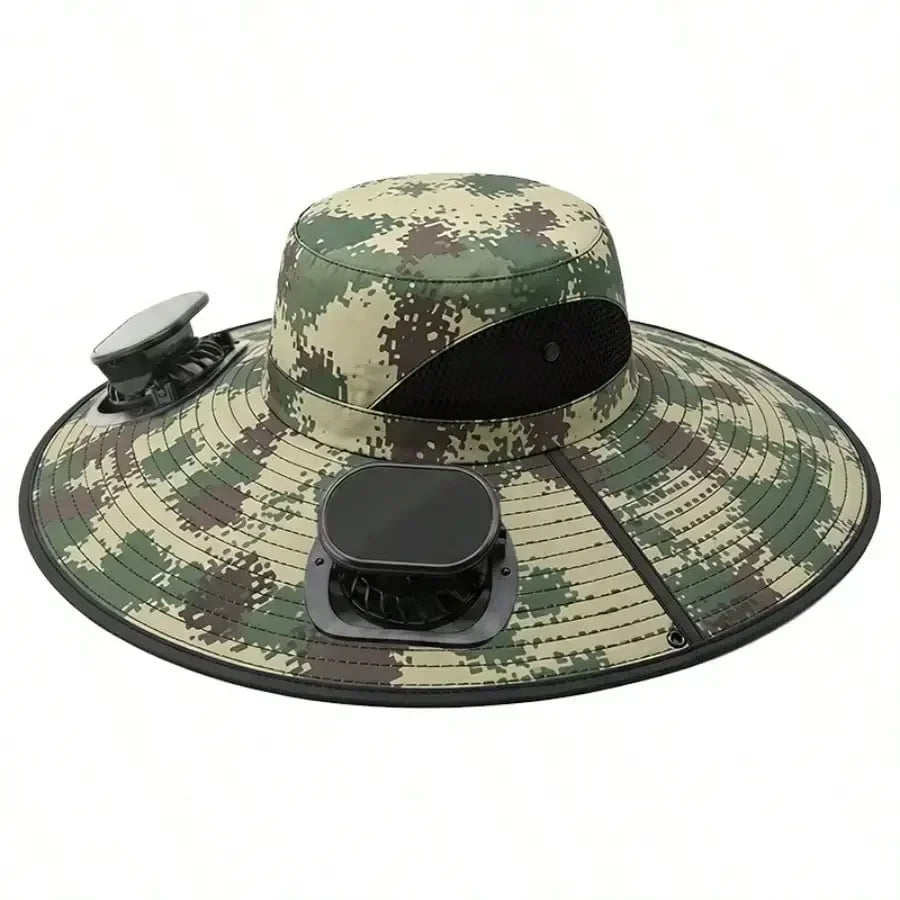 Solar Fan Cap, UV Resistant Outdoor Wide Brimmed Fisherman's Cap, With 180 ° Adjustable Fan, UPF50, USB And Solar Power Supply,