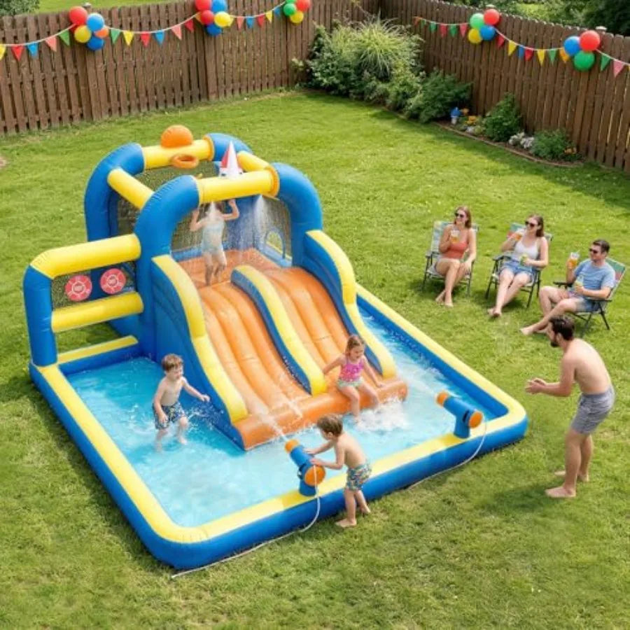 Inflatable Bounce House with Double Water Slide, Outdoor Inflatable Water Park Bouncy Castle w/Jumping Area, Splash Pool and Ai
