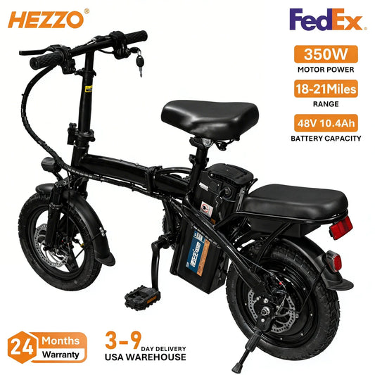 HEZZO T5 14Inch Folding Electric Bike for Adult Commuters 48V 350W 20MPH 18-22 Miles Range Disc Brake Lightweight E-bike