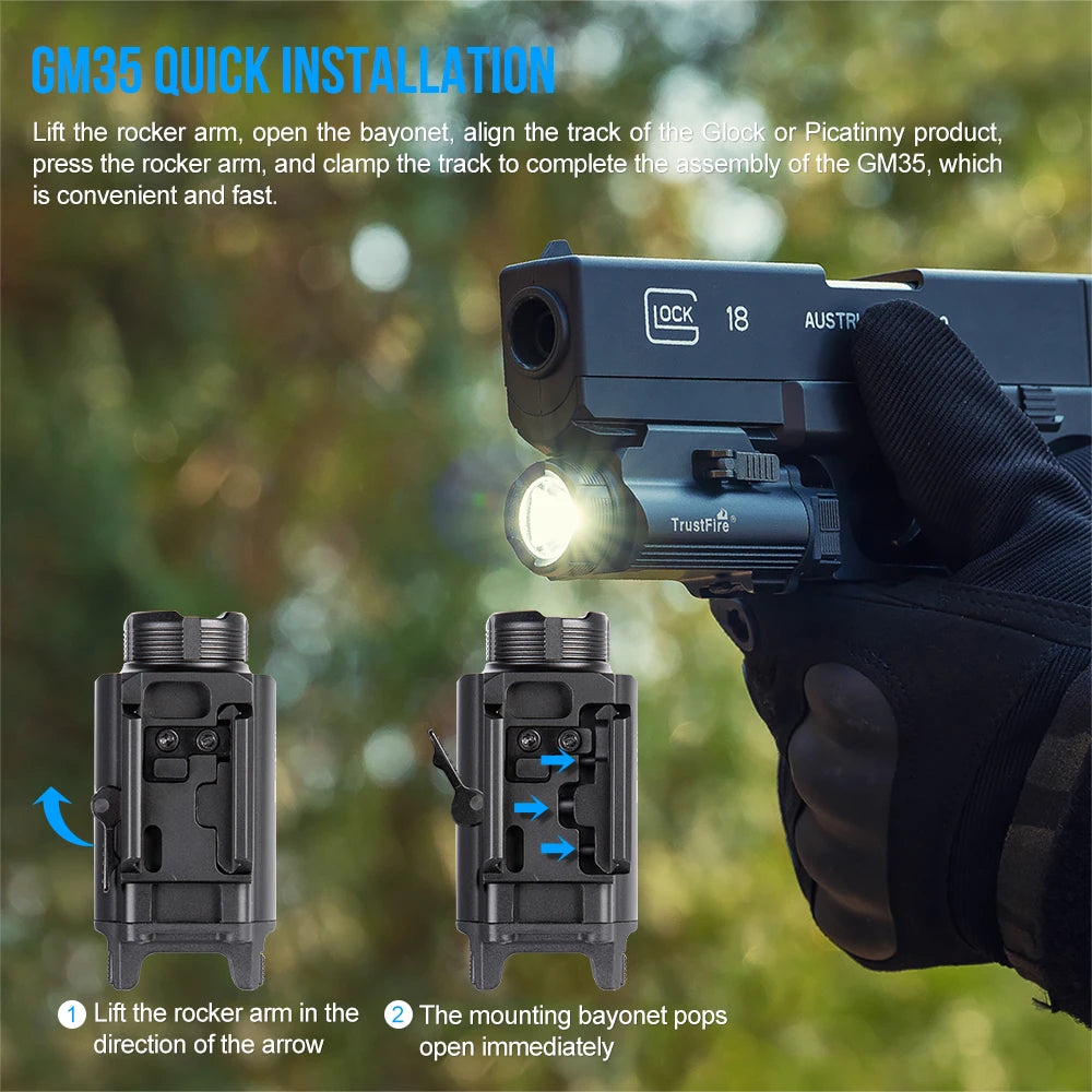 Trustfire GM35 Tactical LED Flashlights Mini Pistol Lights 1350Lumens USB Rechargeable Quick Release Handgun 1913/GL Rail