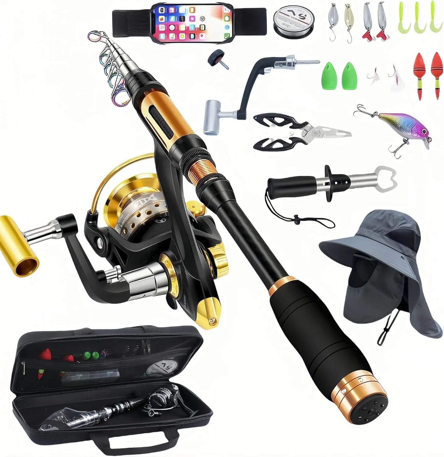 YTYIN Portable Carbon Fiber Spinning Fishing Rod With Lures