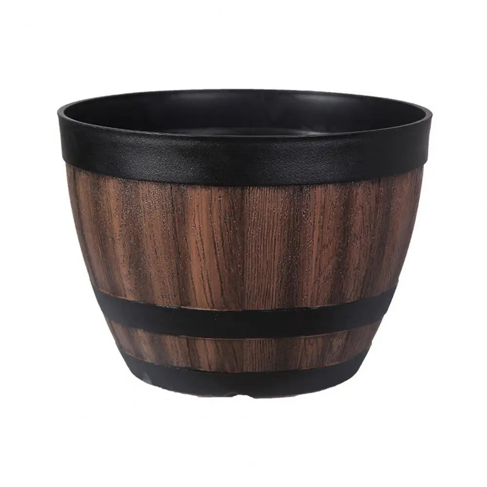 Rustic Farmhouse Whiskey Barrel Planter - Faux Wooden Plastic Flower Pot with Drainage Holes Home Garden Patio Yard Decor