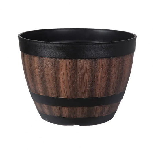 Rustic Farmhouse Whiskey Barrel Planter - Faux Wooden Plastic Flower Pot with Drainage Holes Home Garden Patio Yard Decor